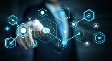 Dijital ekranlar hologramlar veriler 3d render ile kullanarak iş adamı