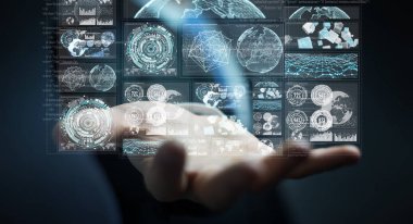 Dijital ekranlar hologramlar veriler 3d render ile kullanarak iş adamı