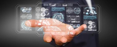 Dijital ekranlar hologramlar veriler 3d render ile kullanarak iş adamı