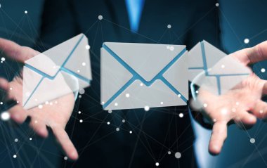 E-posta simgesi elinde uçan 3d render tutan işadamı