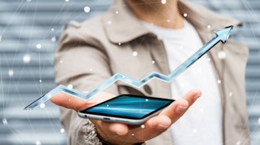 Dijital mavi ok 3d render tutan işadamı