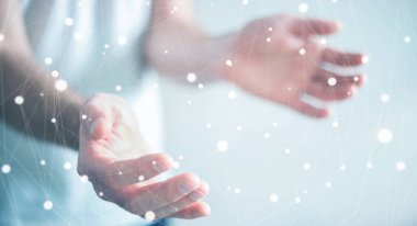 Kayan nokta ağ 3d render tutan işadamı