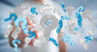 3D render soru işaretleri kullanarak iş adamı