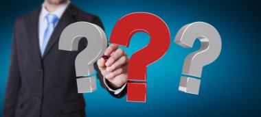 3D render soru işaretleri kullanarak iş adamı