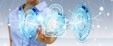 Onun verileri 3d rende güvenliğini sağlamak için dijital asma kilit kullanarak iş kadını