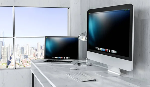 Modern desktop interior with computer and devices 3D rendering — Stock Photo, Image