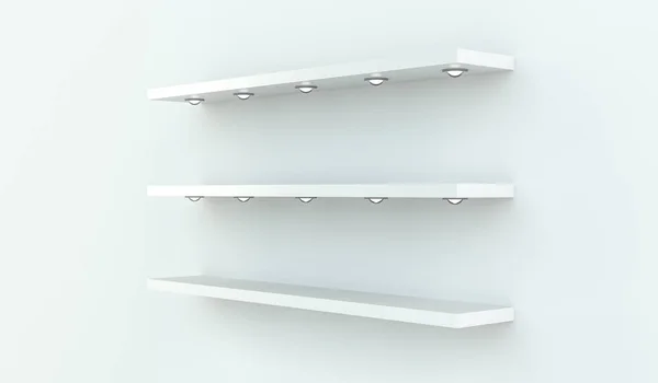 Білі полки на білій стіні 3D рендеринга — стокове фото