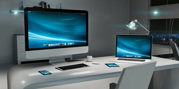 Nowoczesne biurko ciemne wnętrze z komputera i urządzeń 3d re — Zdjęcie stockowe