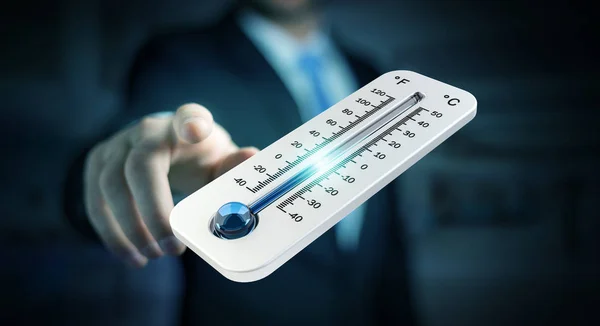 Homme d'affaires vérifiant la chute de température rendu 3D — Photo