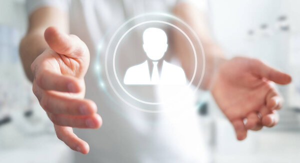 Бизнесмен, использующий цифровую социальную сеть 3D рендеринг
