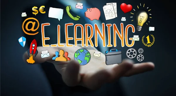 Geschäftsmann mit handgezeichneter E-Learning-Präsentation — Stockfoto