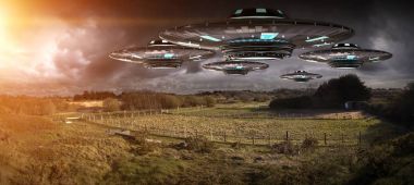 UFO işgal gezegen Dünya'ya landascape 3d render