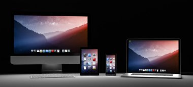 Karanlık modern bilgisayar dizüstü cep telefonu ve tablet 3d render