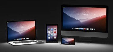 Karanlık modern bilgisayar dizüstü cep telefonu ve tablet 3d render