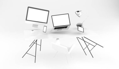 3d render işyeri dizüstü bilgisayar telefon ve tablet ile uçan