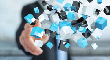 Kayan mavi parlak küp ağ 3d renderi dokunmadan işadamı