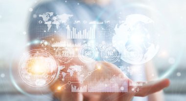 İşadamı hologram ekran dijital veriler 3d renderin ile kullanma