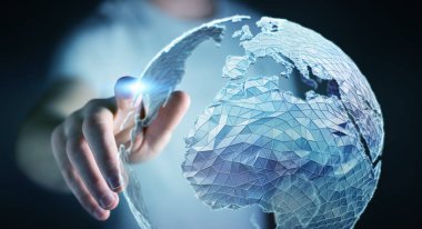 Planet Earth 3d render küresel ağ dokunmadan işadamı