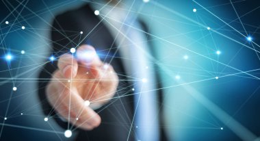 İşadamı 3d render tarafından dokundu ağ uçan nokta