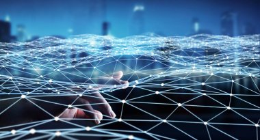 İşadamı 3d render tarafından dokundu ağ uçan nokta