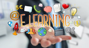 E-öğrenme sunu çizilmiş tutan işadamı