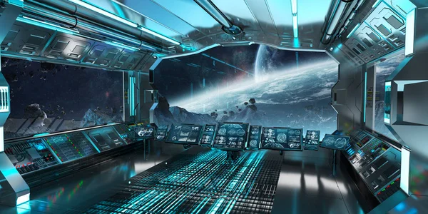Интерьер космического корабля с видом на систему 3D рендеринга далеких планет — стоковое фото