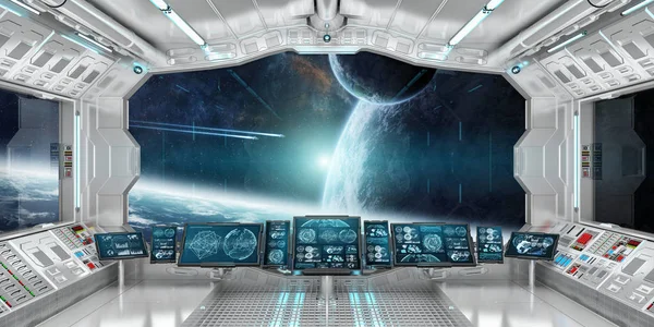 Raumschiff-Innenraum mit Blick auf ferne Planeten System 3D-Rendering — Stockfoto