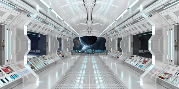 Interior da nave espacial com vista para planetas distantes sistema 3D render — Fotografia de Stock