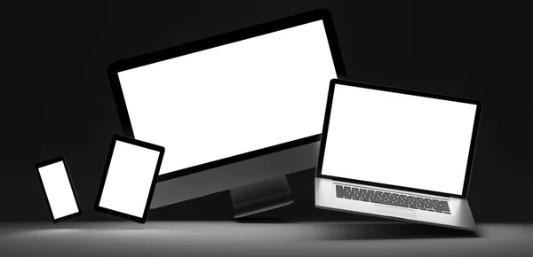 Dunkles modernes Computer-Laptop-Handy und Tablet 3D-Rendering — Stockfoto