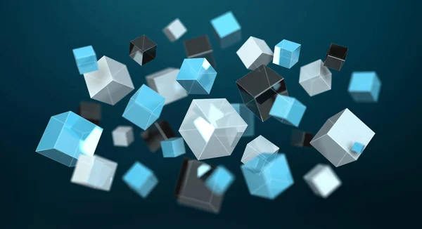 Плаваюча синя блискуча кубічна мережа 3D рендерингу — стокове фото