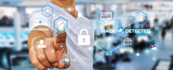 Бизнесмен, использующий антивирус для блокировки 3D-рендеринга кибератаки
