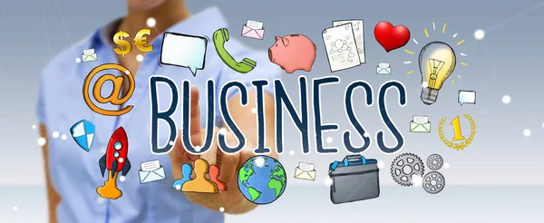 Businesswoman using hand-drawn business presentation — Stock Photo, Image