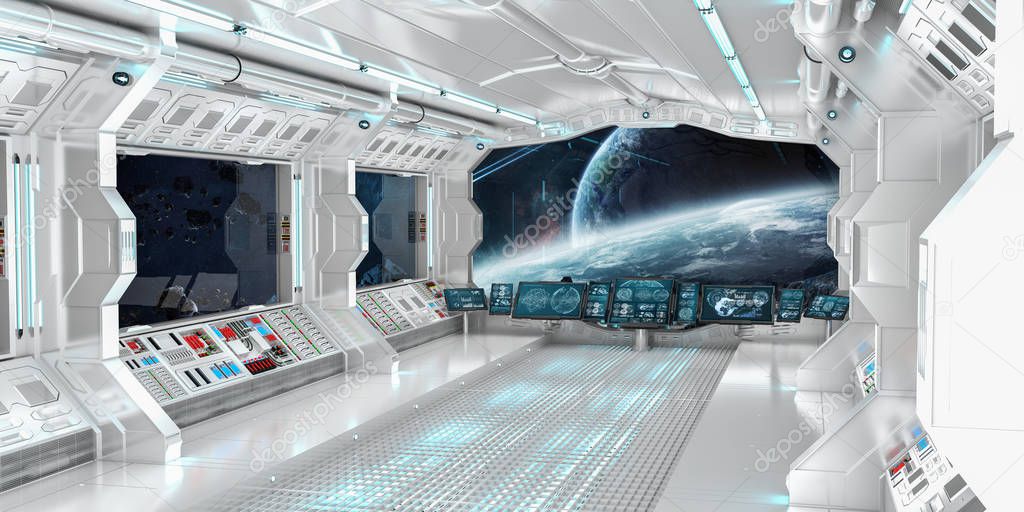 Spaceship interior with view on distant planets system 3D render