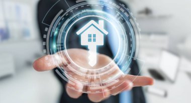 3D render simgesi evi elinde tutan işadamı