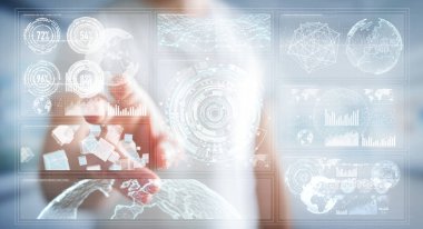 Dijital ekranlar hologramlar veriler 3d render ile kullanarak iş adamı