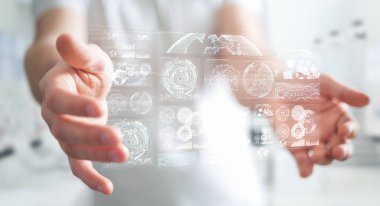 Dijital ekranlar hologramlar veriler 3d render ile kullanarak iş adamı