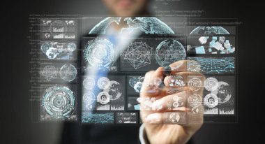 Dijital ekranlar hologramlar veriler 3d render ile kullanarak iş adamı