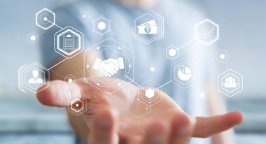 Ortaklık iş için dijital sunum kullanarak iş adamı 