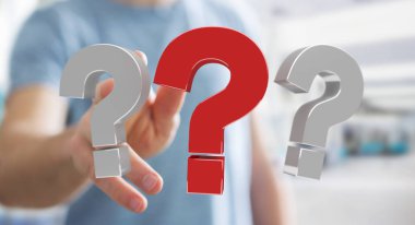 3D render soru işaretleri kullanarak iş adamı