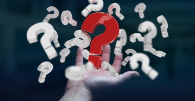 3D render soru işaretleri kullanarak iş adamı