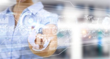 Hologram ekran işadamı 3d render tarafından kullanılan dijital veriler ile