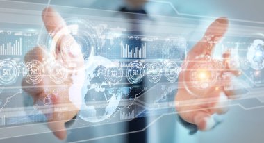 Hologram ekran işadamı 3d render tarafından kullanılan dijital veriler ile