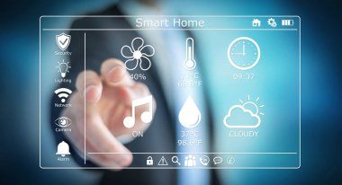 Akıllı ev dijital arabirimi 3d işlemesini kullanan iş adamı