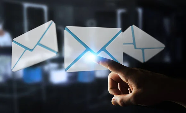 Geschäftsmann berührt 3D-Rendering fliegendes E-Mail-Symbol mit seiner Flosse — Stockfoto