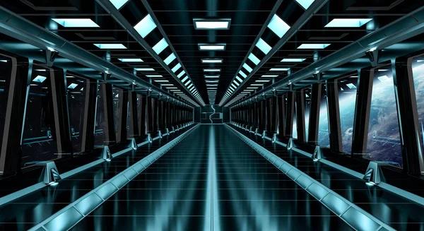 Spaceship corridor with view on the planet Earth 3D rendering el — Stock Photo, Image