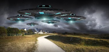 UFO işgal gezegen Dünya'ya landascape 3d render