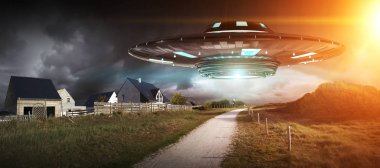 UFO işgal gezegen Dünya'ya landascape 3d render