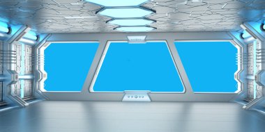 Uzay gemisi mavi ve beyaz iç 3d render