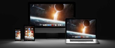 Karanlık modern bilgisayar dizüstü cep telefonu ve tablet 3d render