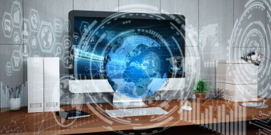 Dijital planet Earth office 3d render yüzen